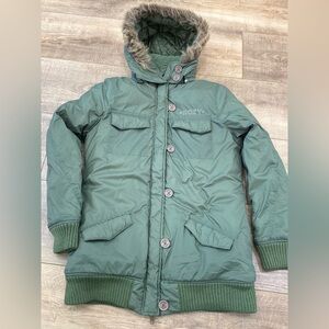 Roxy women’s green Olive Puffer Jacket with Faux Fur Hood